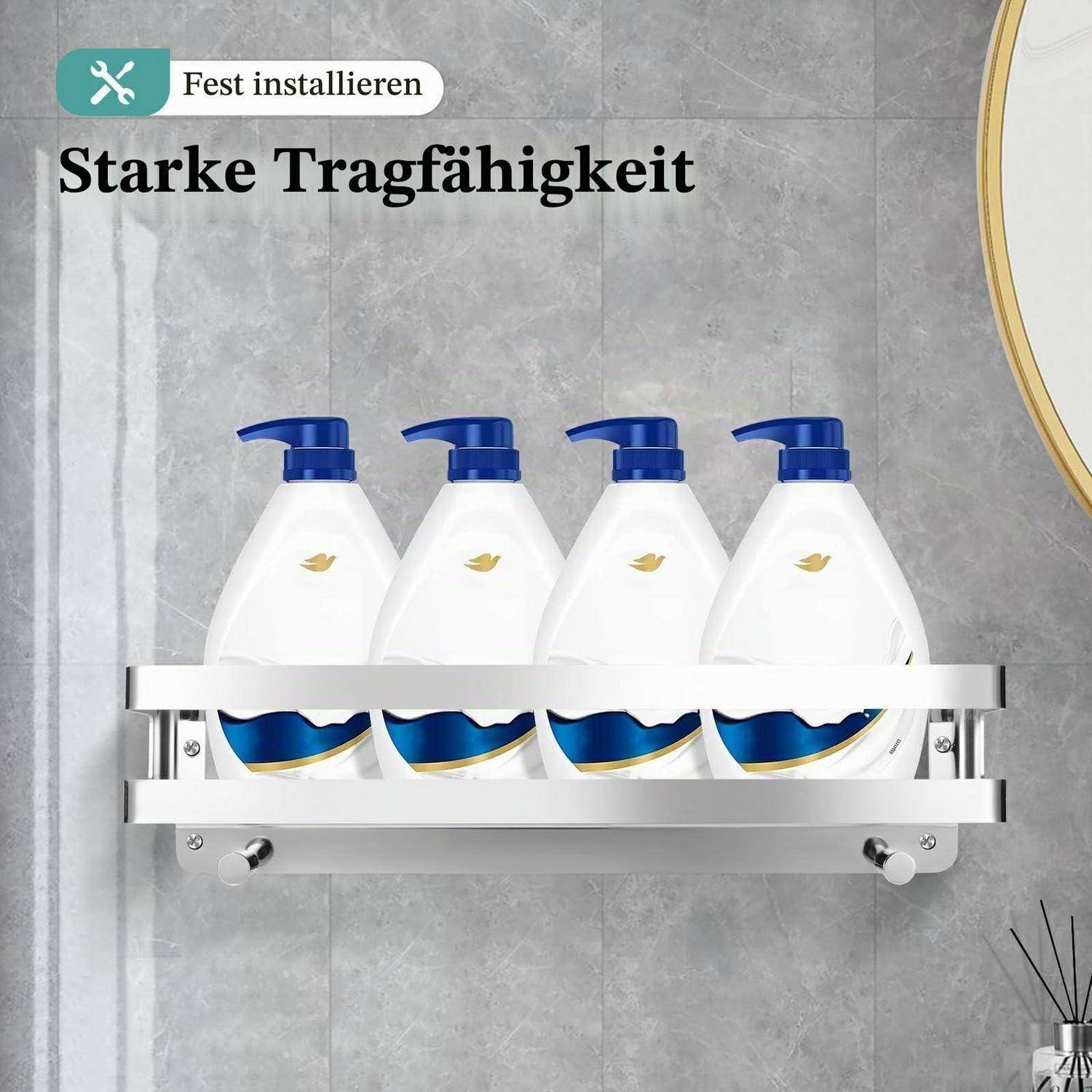 Badezimmerregal mit vier weißen Pumpflaschen, gekennzeichnet mit „Starke Tragfähigkeit" und „Fest installieren"", zeigt starke Tragfähigkeit und feste Installation.