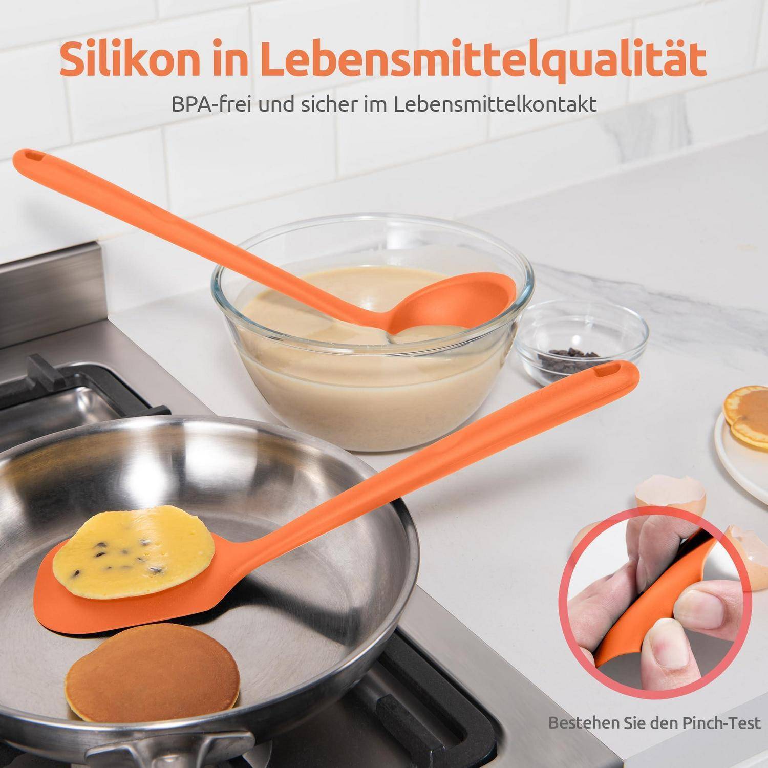 Werbbild von orangefarbigen Silikon-Küchenutensilien, die mit Lebensmitteln verwendet werden, mit Beschriftungen in deutscher Sprache 