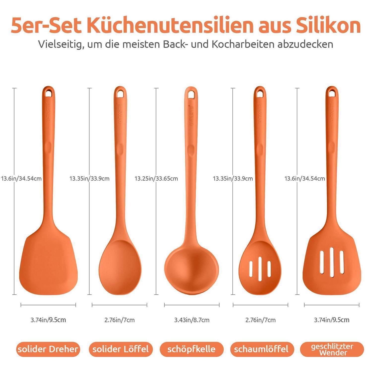 Infografik eines 5-teiligen orangefarbenen Silikon-Küchenbesteck-Sets: Wendewendel, Löffel, Schöpflöffel, Schlitzlöffel und Schlitz-Wendewendel, mit beschrifteten Größen.