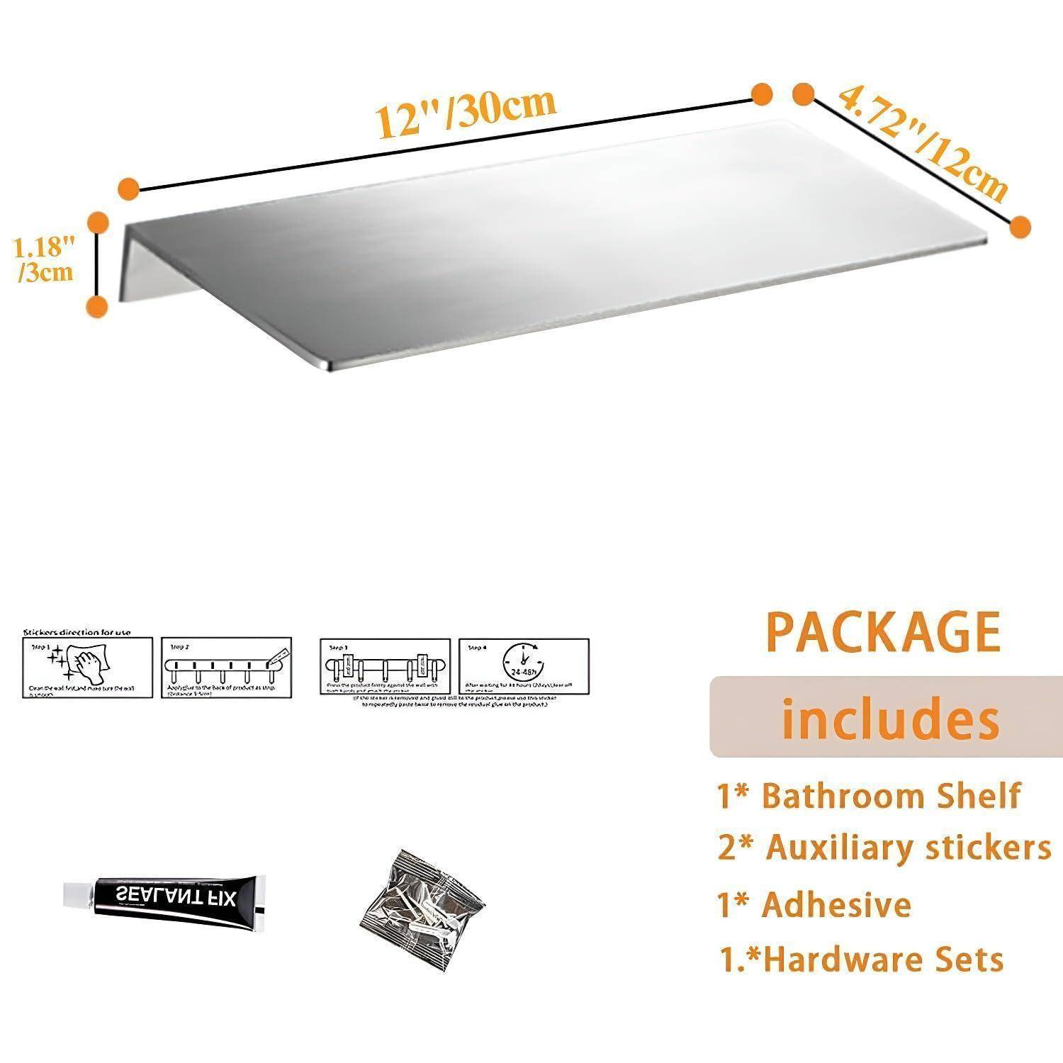 Produktbild eines Edelstahl-Badezimmerregals mit den Abmessungen 12 x 4,72 x 1,18 Zoll, zeigt den Paketinhalt: Regal, Hilfsklebsticker, Kleber und Hardwaresätze.