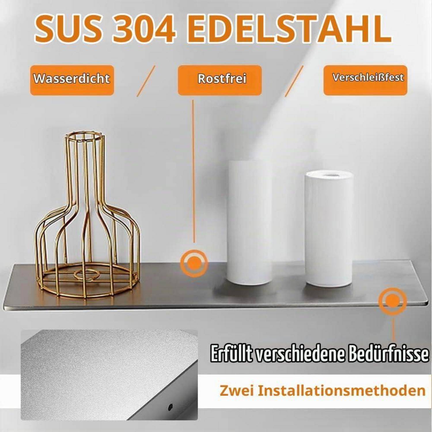 Duschablage 30cm SUS304 Edelstahl gebürstet ohne Bohren