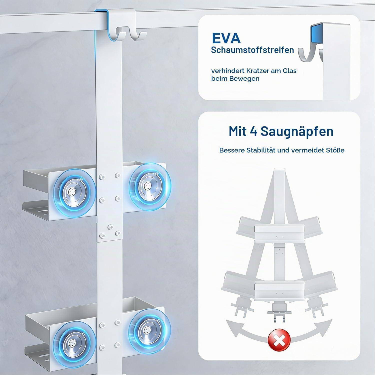 Illustration eines Glasheber mit vier blauen Saugnapfeln und EVA-Schaumstoffstreifen, die Kratzer auf Glas verhindern und die Stabilität verbessern.