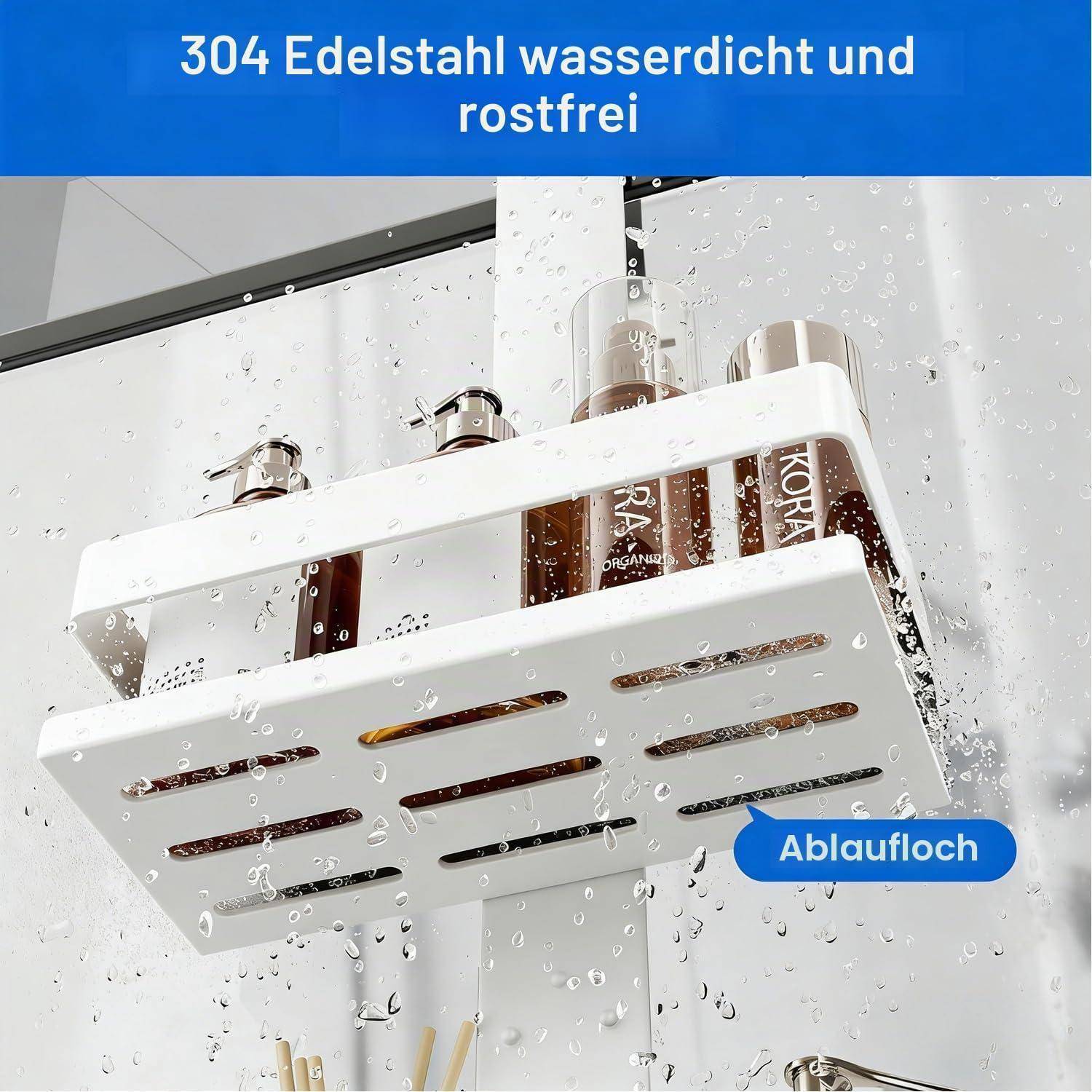Wasserdichte Edelstahl-Duschregal mit Ablauflöchern zum Halten von Flaschen in einer Dusche; beschriftet mit „Ablaufloch" und „304 Edelstahl wasserdicht und rostfrei"".