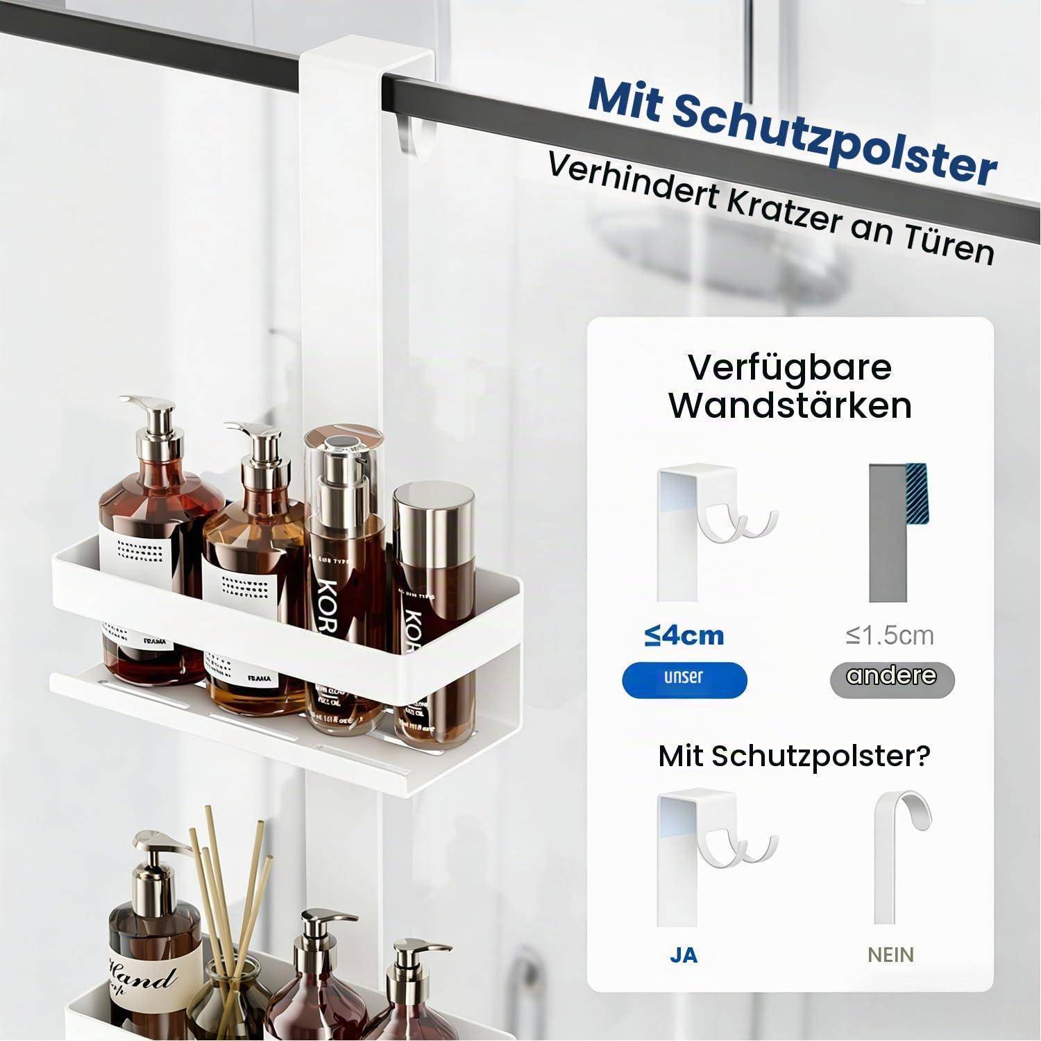 Wandmontiertes Regal mit Schutzpad zum Halten von Flaschen; deutsche Beschriftung besagt, dass es Türkratzer verhindert und für Wanddicken bis zu 4 cm geeignet ist.