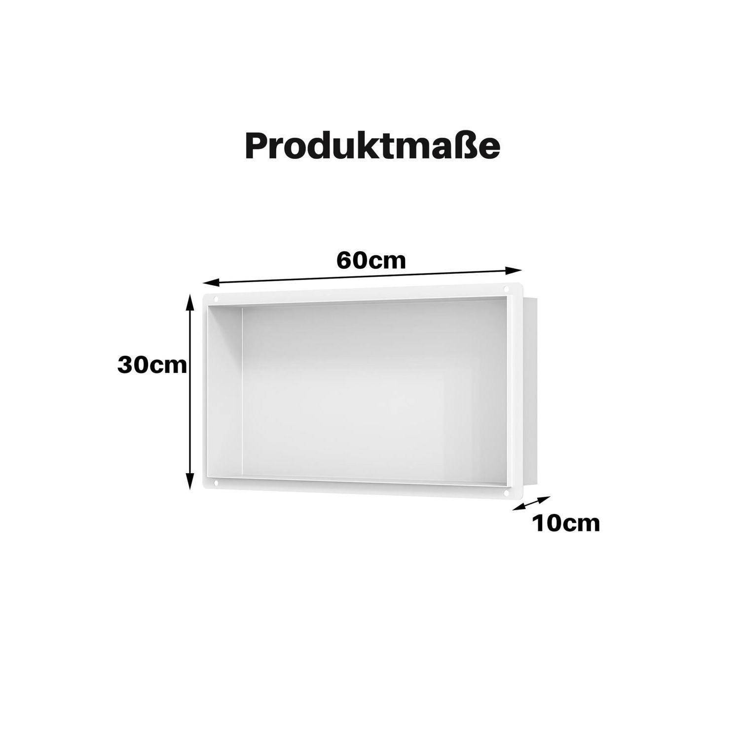 Produktabmessungen-Diagramm mit einer weißen rechteckigen Box: 60 cm breit, 30 cm hoch und 10 cm tief.