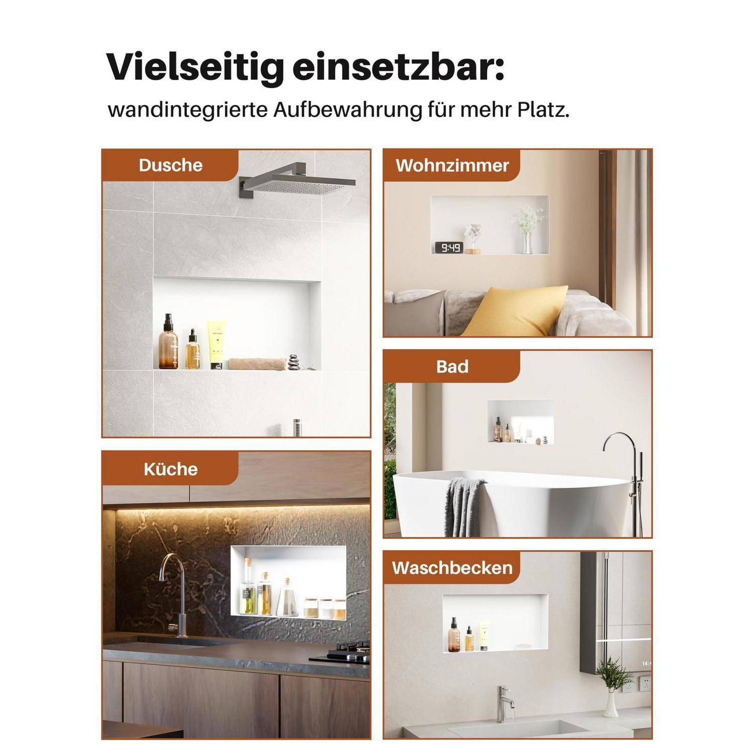 Integriertes Wandlagerungsregal, nutzbar in Dusche, Wohnzimmer, Badezimmer, Küche und Spülbereich, um Platz zu sparen.