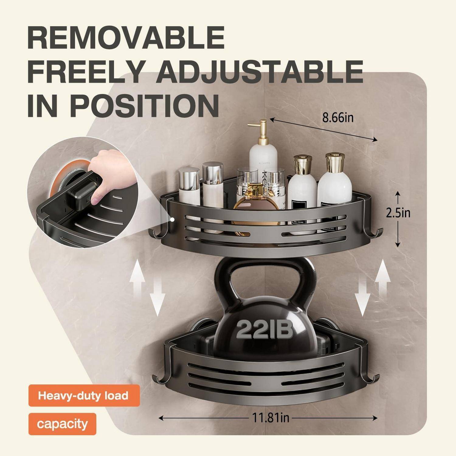 Produktbild eines abnehmbaren, frei verstellbaren Eckregals für Badezimmer- oder Küchenlagerung, das Abmessungen von 8,66 Zoll mal 11,81 Zoll und eine Tragfähigkeit von 22 Pfund zeigt.
