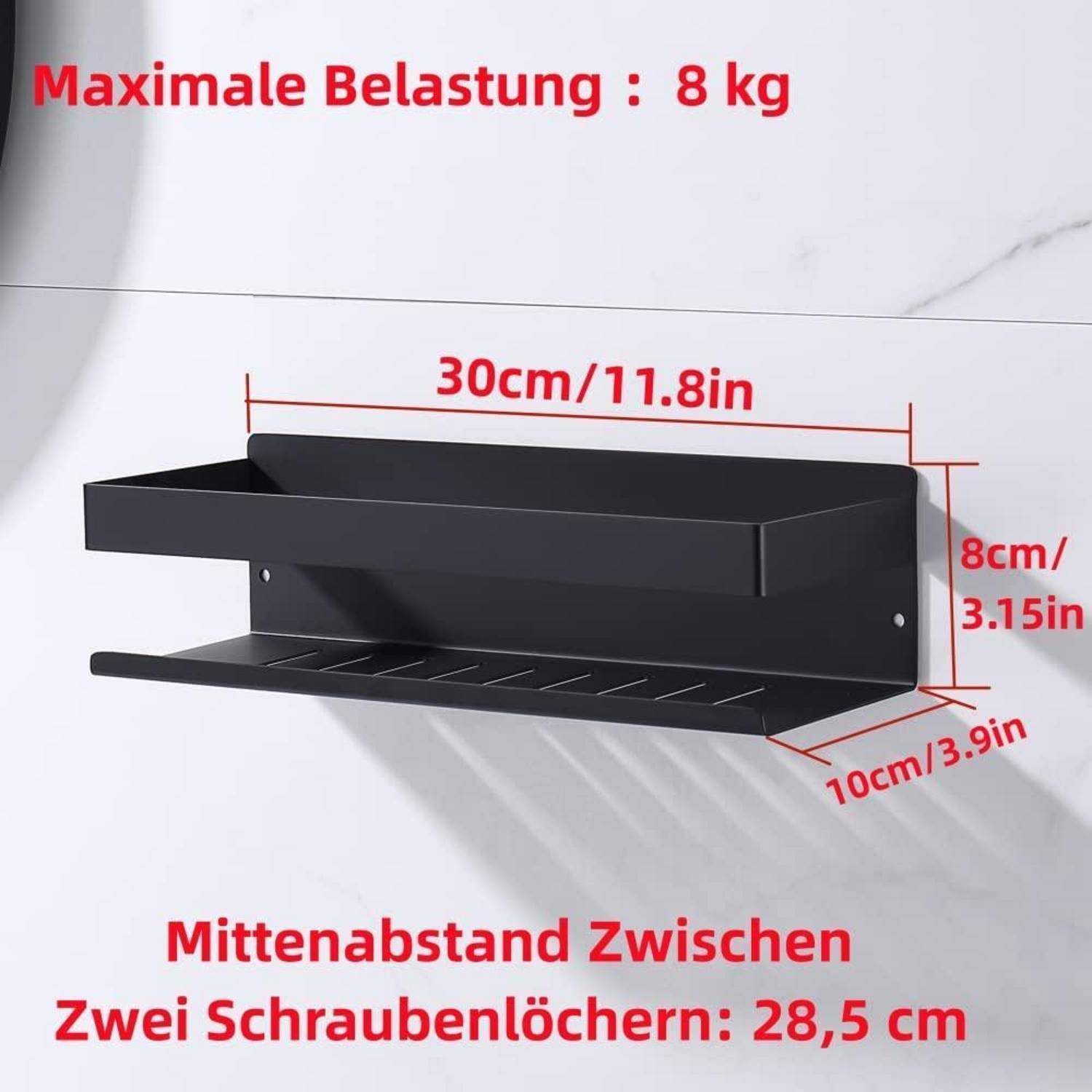 Schwarzes wandmontiertes Regal mit Abmessungen: 30 cm breit, 8 cm hoch, 10 cm tief, maximale Traglast 8 kg und 28,5 cm Lochabstand.