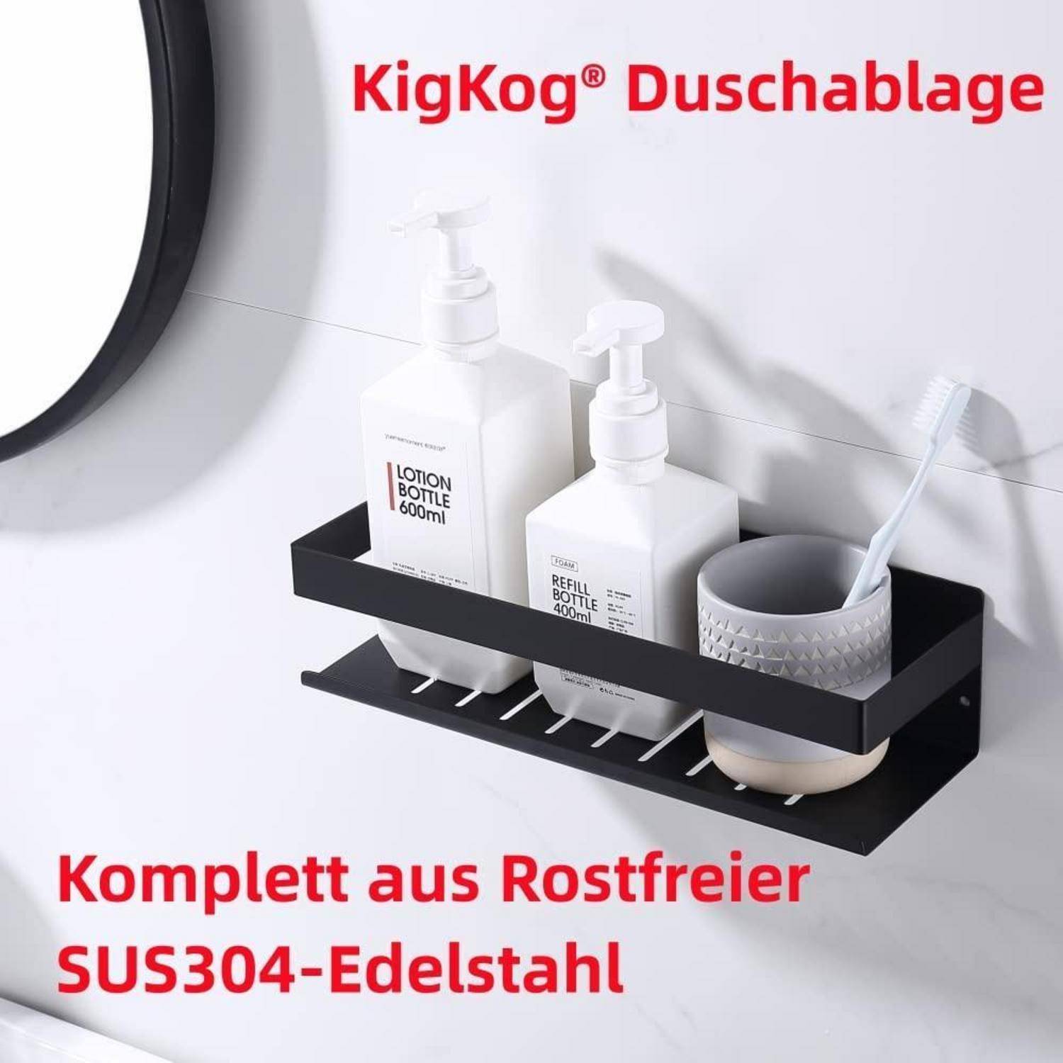 Schwarzes an der Wand montiertes Badezimmerregal mit zwei weißen Pumpflaschen und einem Zahnbürstenbecher; deutscher Text wirbt für 'KigKog' Tropfschale und Edelstahl SUS304 Konstruktion.