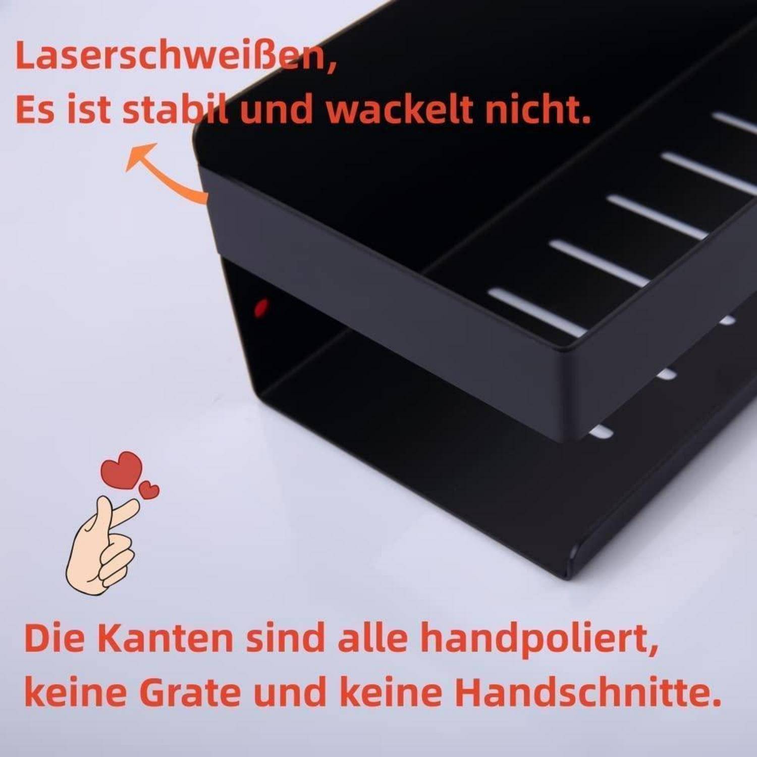 Schwarzes, lasergeschweißtes Metallblech, gezeigt mit glatten, handpolierten Kanten; der deutsche Text besagt, dass es stabil, wackelfreier und ohne Grate oder Schnitte ist.