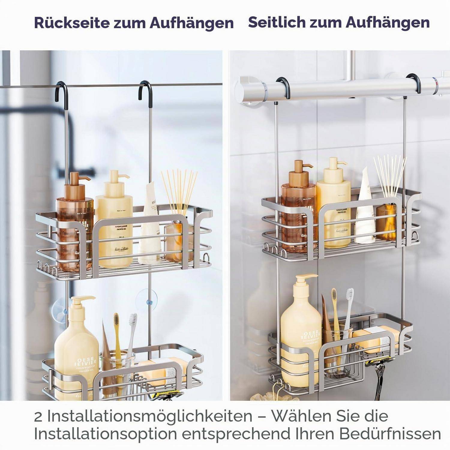 Produktbild zeigt zwei Installationsoptionen für ein hängendes Dusch-Caddy: 'Rückseite zum Aufhängen' und 'Seitlich zum Aufhängen', mit Flaschen und Toilettenartikeln im Badezimmer.