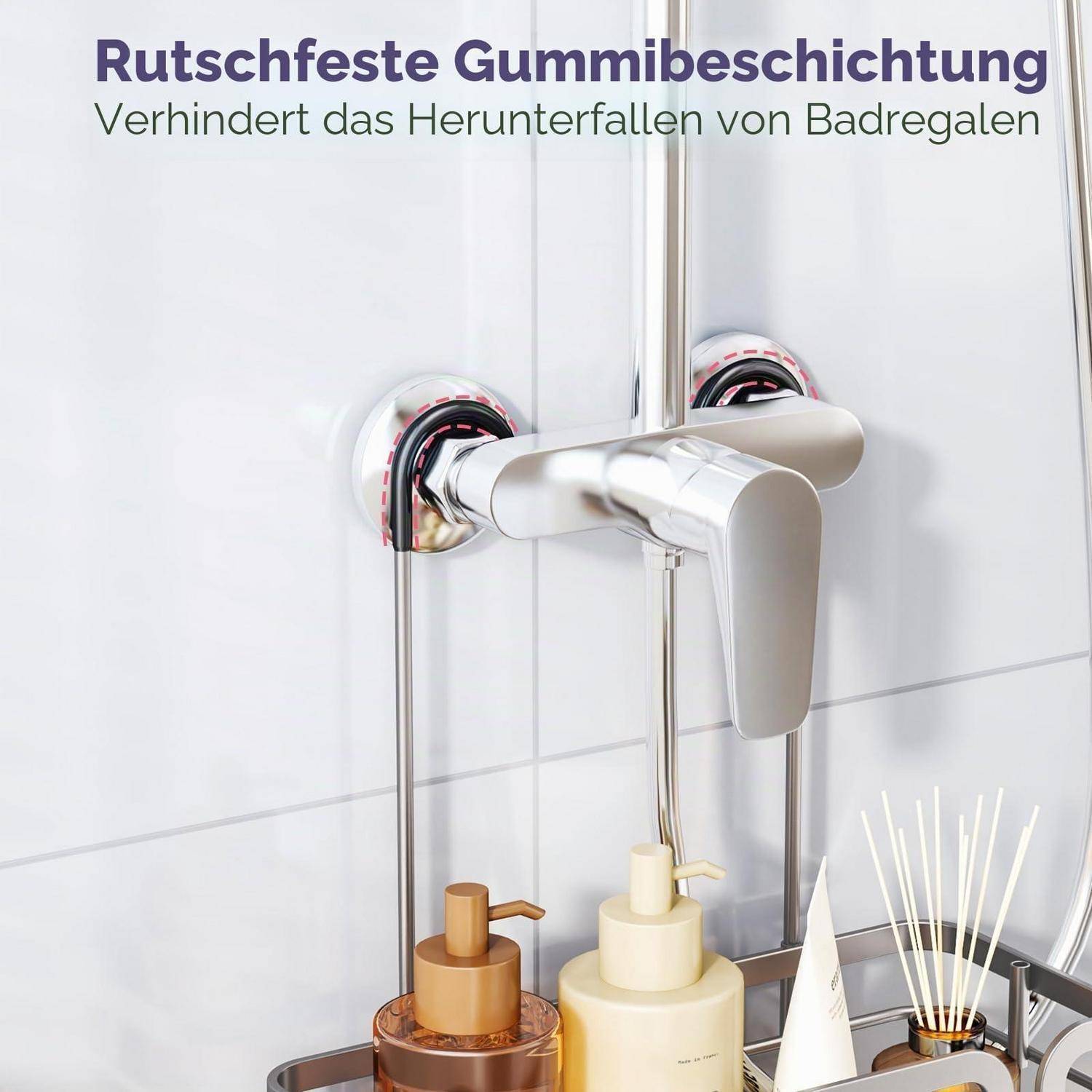 Badezimmerregal mit Saugnapfn an einer verchromten Duscharmatur; deutscher Text sagt „Rutschfeste Gummibeschichtung" und „Verhindert das Herunterfallen von Badregalen"" (rutschfeste Gummibeschichtung verhindert, dass Regale herunterfallen).