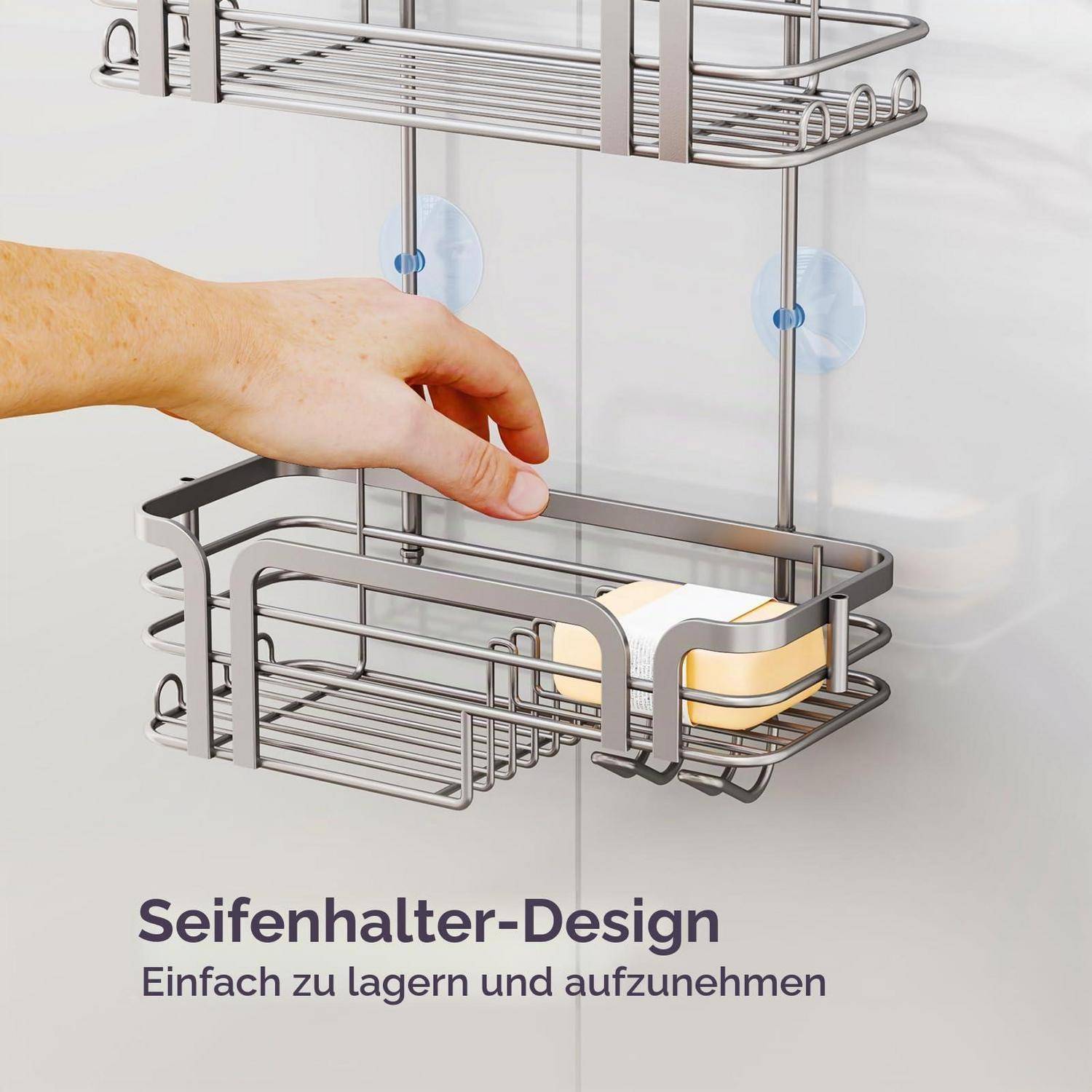 Hand legt Seife in einen wandmontierten Metall-Duschkorb mit Saugnapfen; Text lautet "Seifenhalter-Design"" und ""Einfach zu lagern und aufzunehmen"".