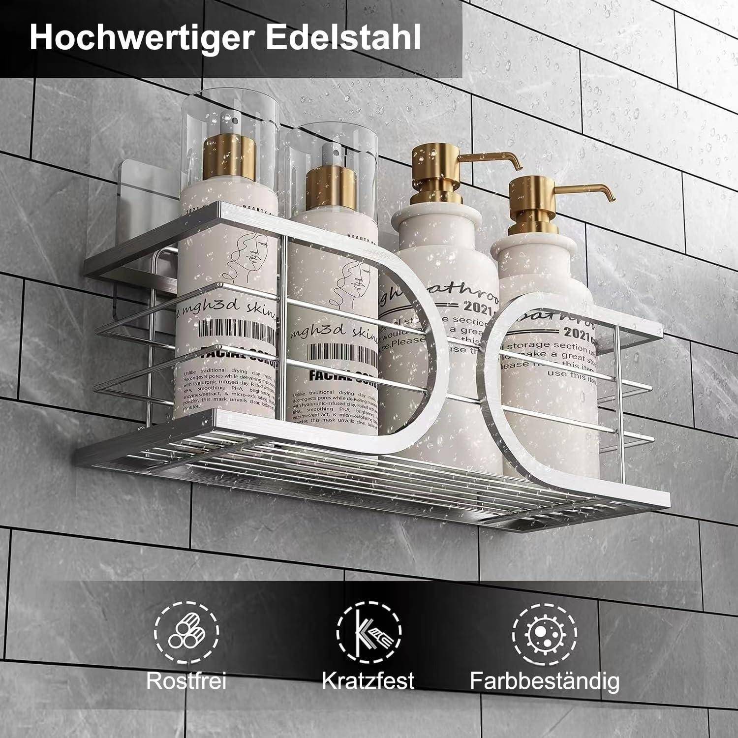 Edelstahlwandregal hält vier Pumpflaschen; Text hebt rostfrei, kratzfest und farbecht hochwertigen Edelstahl hervor.