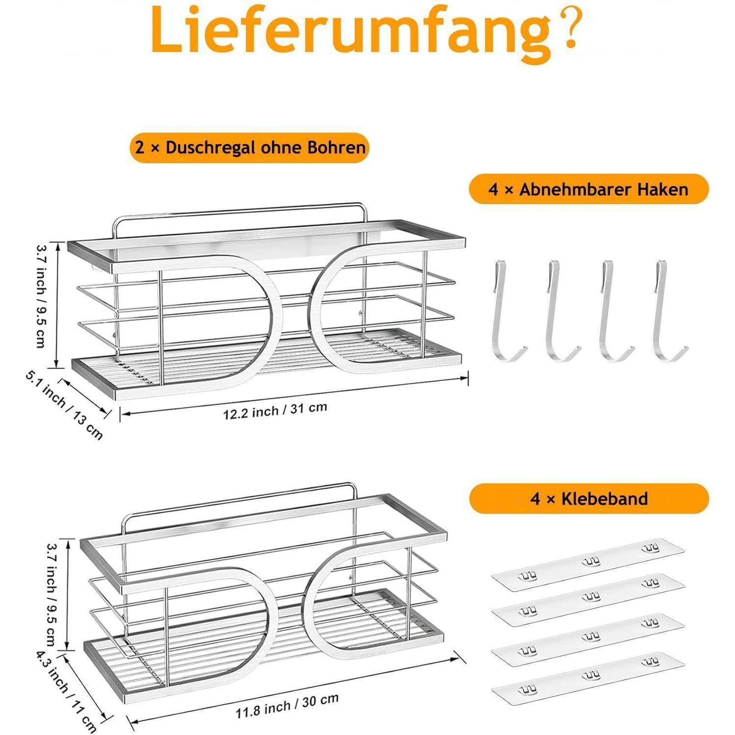 Produktinhaltsdiagramm für ein Duschregal-Set: 2 bohrfreie Regale, 4 abnehmbare Haken und 4 Klebestreifen, mit angezeigten Größenmessungen.