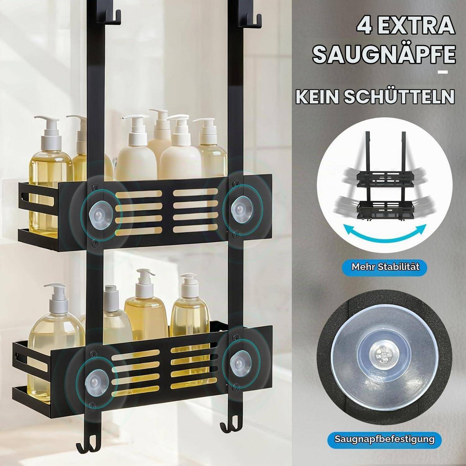 Zweistufiger Saughaft-Duschablage zum Halten von Shampoo- und Seifenflaschen, gezeigt mit deutschen Etiketten, die vier zusätzliche Saughaft, Stabilität und kein Wackeln hervorheben.
