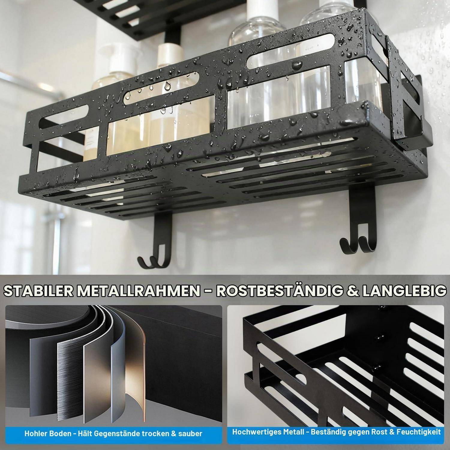 Schwarzes Metall-Duschregalbrett mit Ablöchern und zwei Haken, dargestellt mit Wassertropfen; Promotionskollag hebt das rostbeständige, langlebige Design hervor und hält Gegenstände trocken und ordentlich.