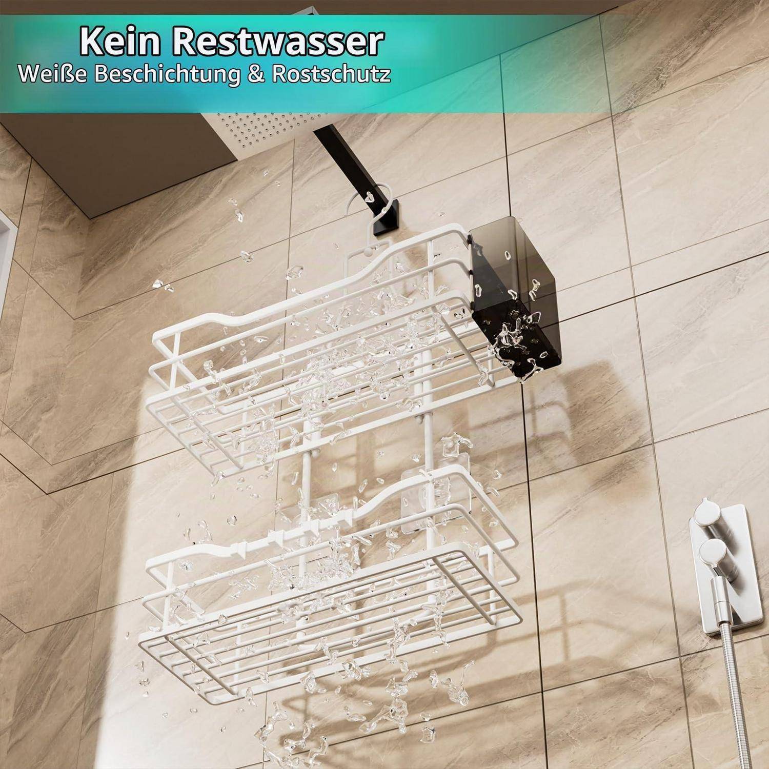 Wandmontierte Küchentrocknung dargestellt in Schnittansicht mit Wasser, das von weißer Beschichtung abprallt und Rostschutz; Text lautet „Kein Restwasser" und „Weiße Beschichtung & Rostschutz"".