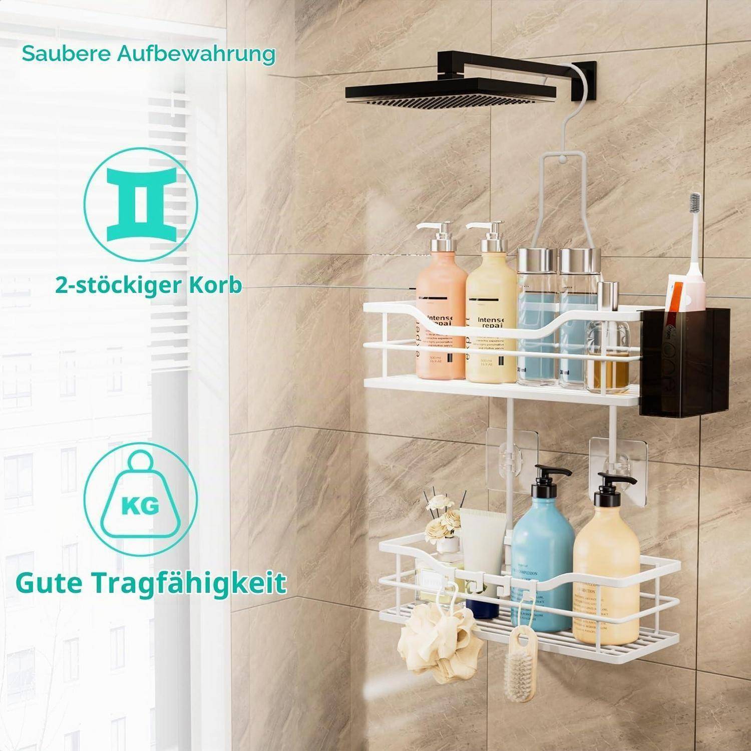 Badezimmer-Duschkorb mit zwei weißen Hängekörben zum Aufbewahren von Flaschen und Zubehör; deutsche Etiketten vermerken „Saubere Aufbewahrung", „2-stöckiger Korb"" und „Gute Tragfähigkeit"".