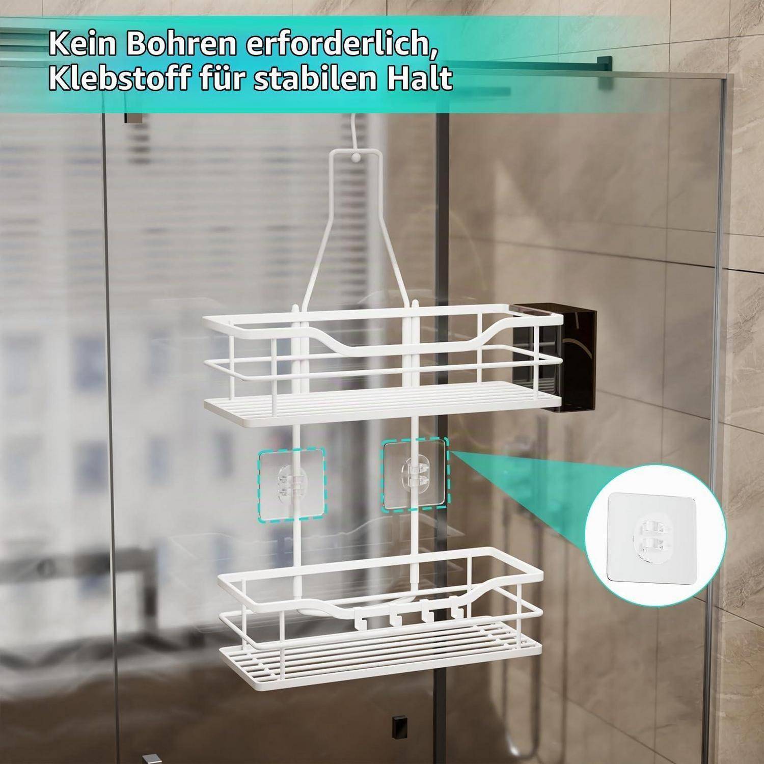 Duschablage mit Klebepads auf Glas befestigt; deutscher Text besagt keine Bohrungen erforderlich und Klebstoff bietet stabilen Halt.