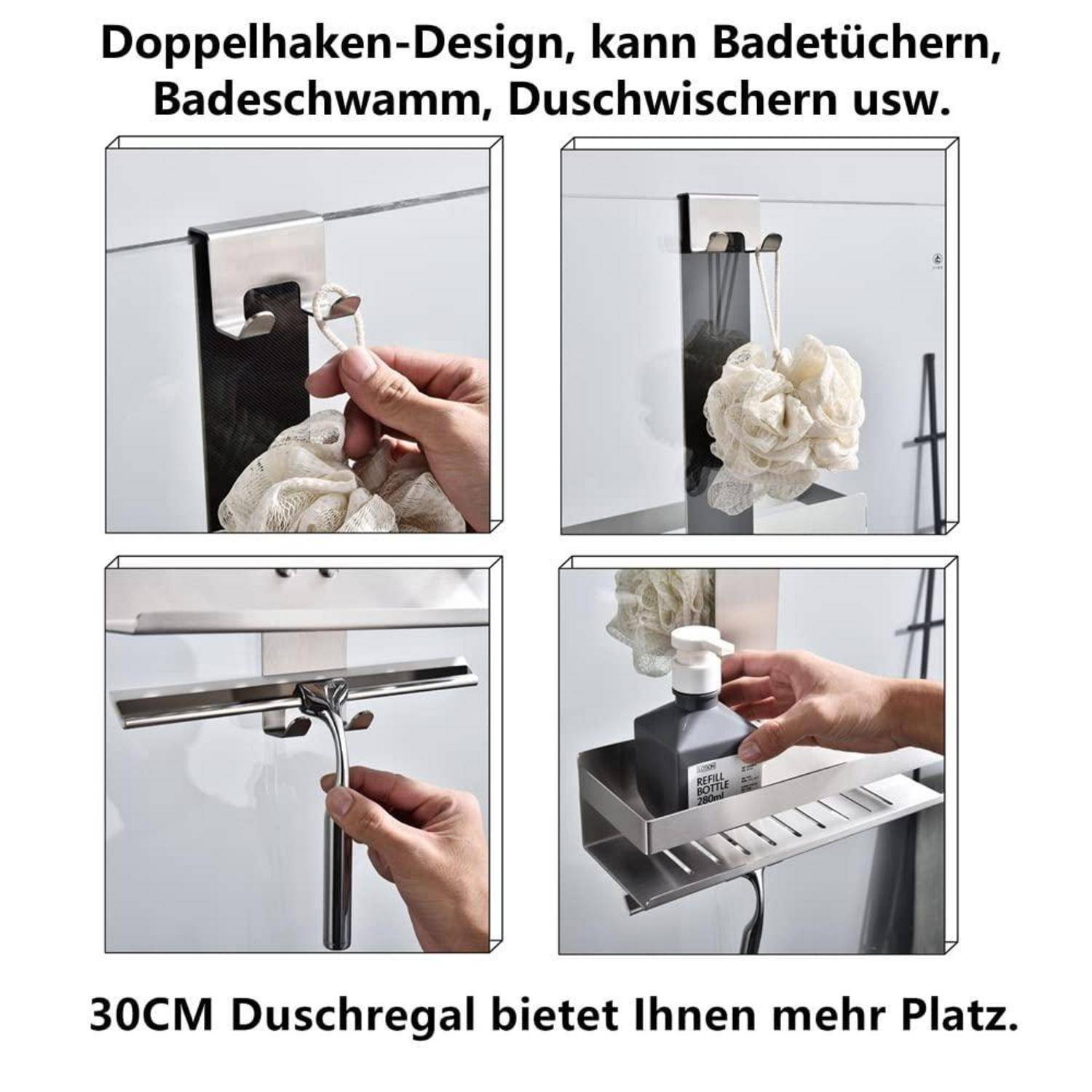 Vier-Schritte-Produktbild eines 30 cm Dusch-Regals mit Hakenentwurf, das Handtücher, Badeschwamm und Badezimmerartikel aufhängend zeigt; deutscher Text besagt, dass es mehr Platz schafft und Handtücher, Badeschwämme und Duschvorhänge passt.