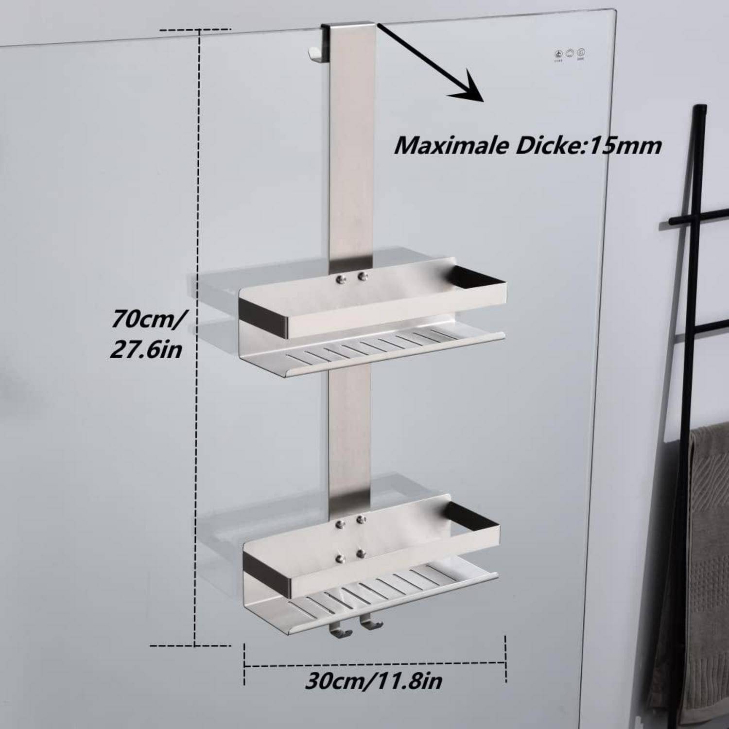 Edelstahl-Türorganizer zum Überhängen mit zwei Tabletts, gezeigt mit Abmessungen: 70 cm hoch, 30 cm breit, passt auf Türen bis 15 mm Dicke.