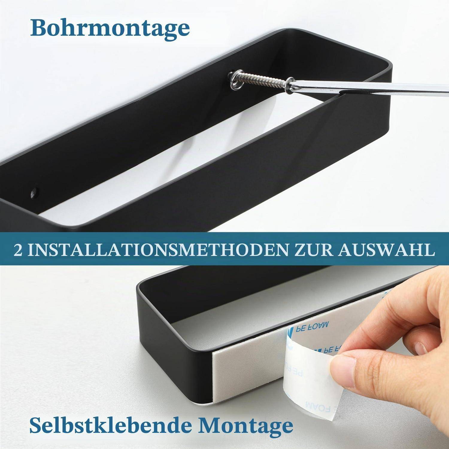 Installationsgrafik mit einer schwarzen rechteckigen Montageklammer und zwei Installationsmethoden: 'Bohrmontage' mit Schrauben und 'Selbstklebende Montage' mit Klebeband.