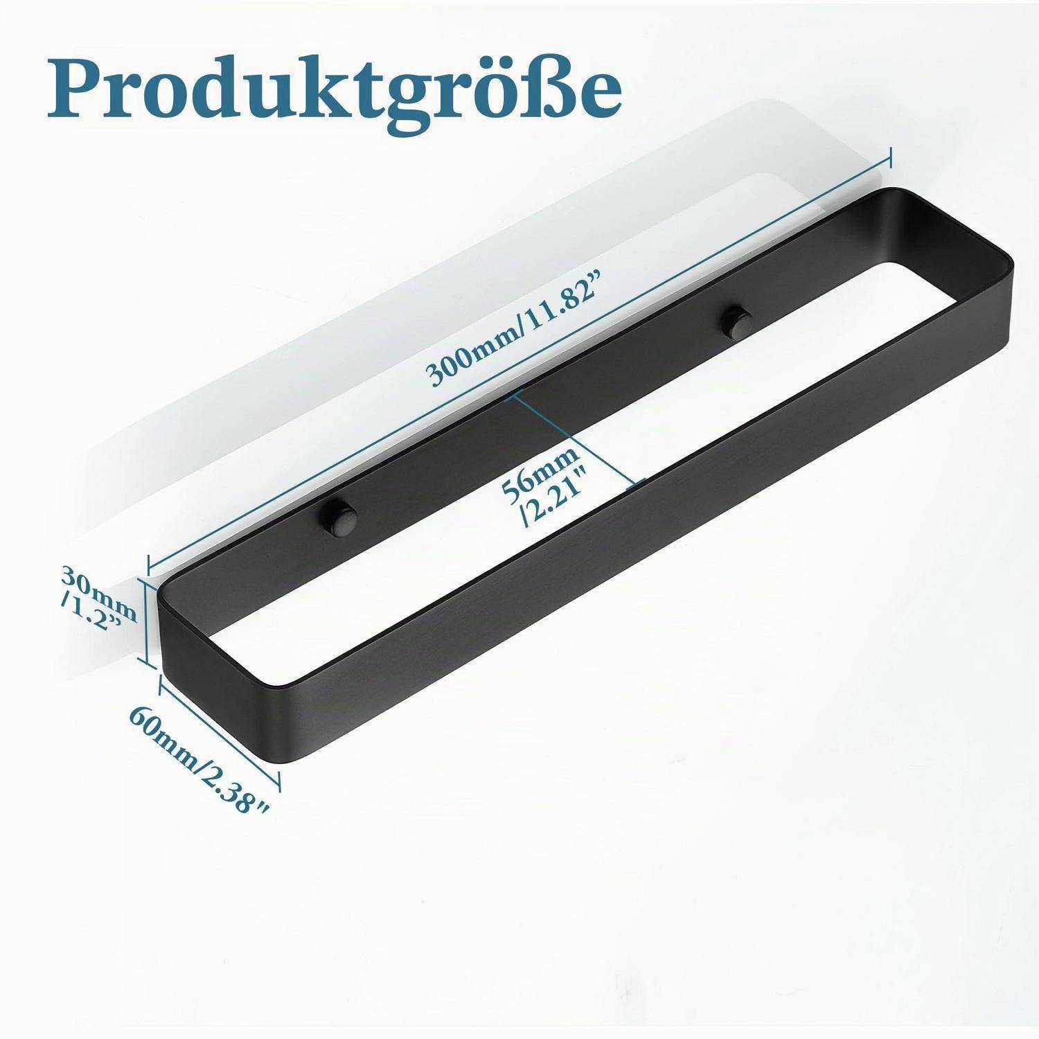 Produktgrößendiagramm eines rechteckigen schwarzen Griffs mit den Maßen 300 mm Länge, 56 mm Breite und 30 mm Höhe.