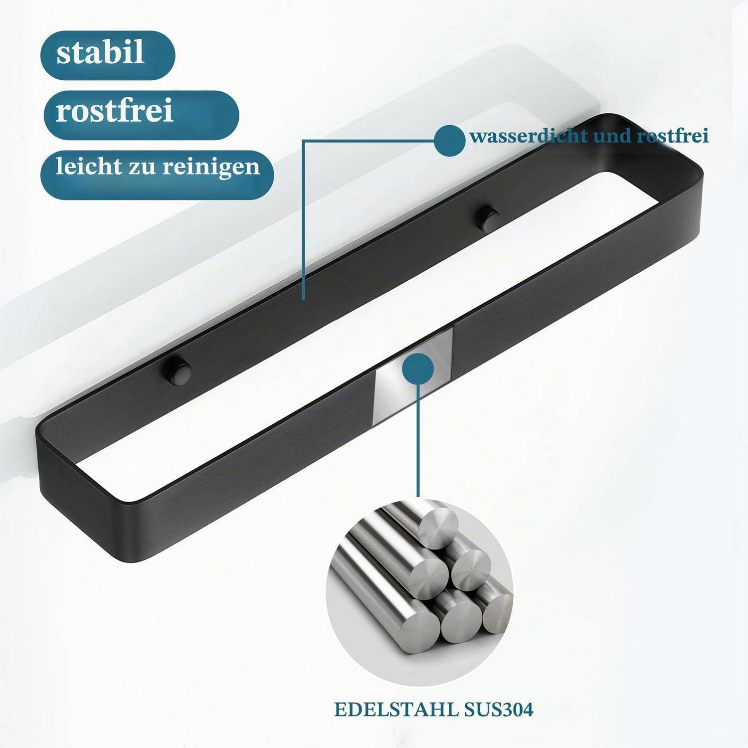 Schwarzer rechteckiger magnetischer Türfang mit der Bezeichnung „EDELSTAHL SUS304", mit deutschen Beschriftungen „stabil"", „rostfrei"", „leicht zu reinigen"" und „wasserdicht und rostfrei"".