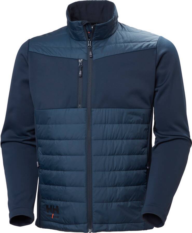 Marineblauer Herren-Reißverschluss-Jacke mit gesteppten Frontpanels, hohem Kragen und langen Ärmeln auf weißem Hintergrund.