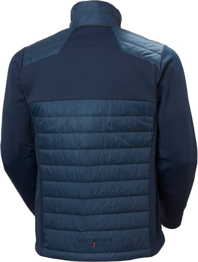 Marineblauе Herrenjacke von hinten gezeigt, mit gesteppten unteren Paneelen und glattem Oberstoff an Ärmeln und Schultern.