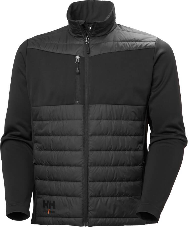 Schwarze Hybrid-Jacke mit Reißverschluss vorne, gestepptem Puffer-Körper, Strickärmeln und hohem Kragen auf weißem Hintergrund.