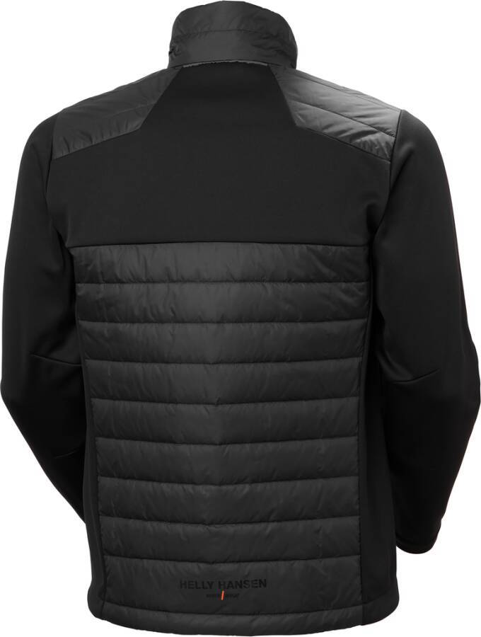 Schwarze Helly Hansen Jacke von hinten gezeigt, mit gesteppten isolierenden Paneelen und hohem Kragen auf weißem Hintergrund.