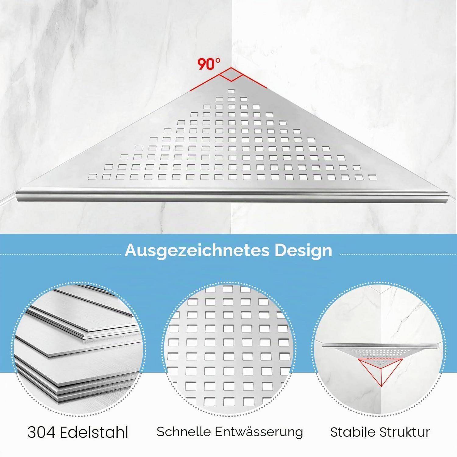Dreieckiges Edelstahldusch-Regal mit Perforationen, mit der Bezeichnung „Ausgezeichnetes Design", das 304er Edelstahl, schnelle Entwässerung und stabile Konstruktion hervorhebt.
