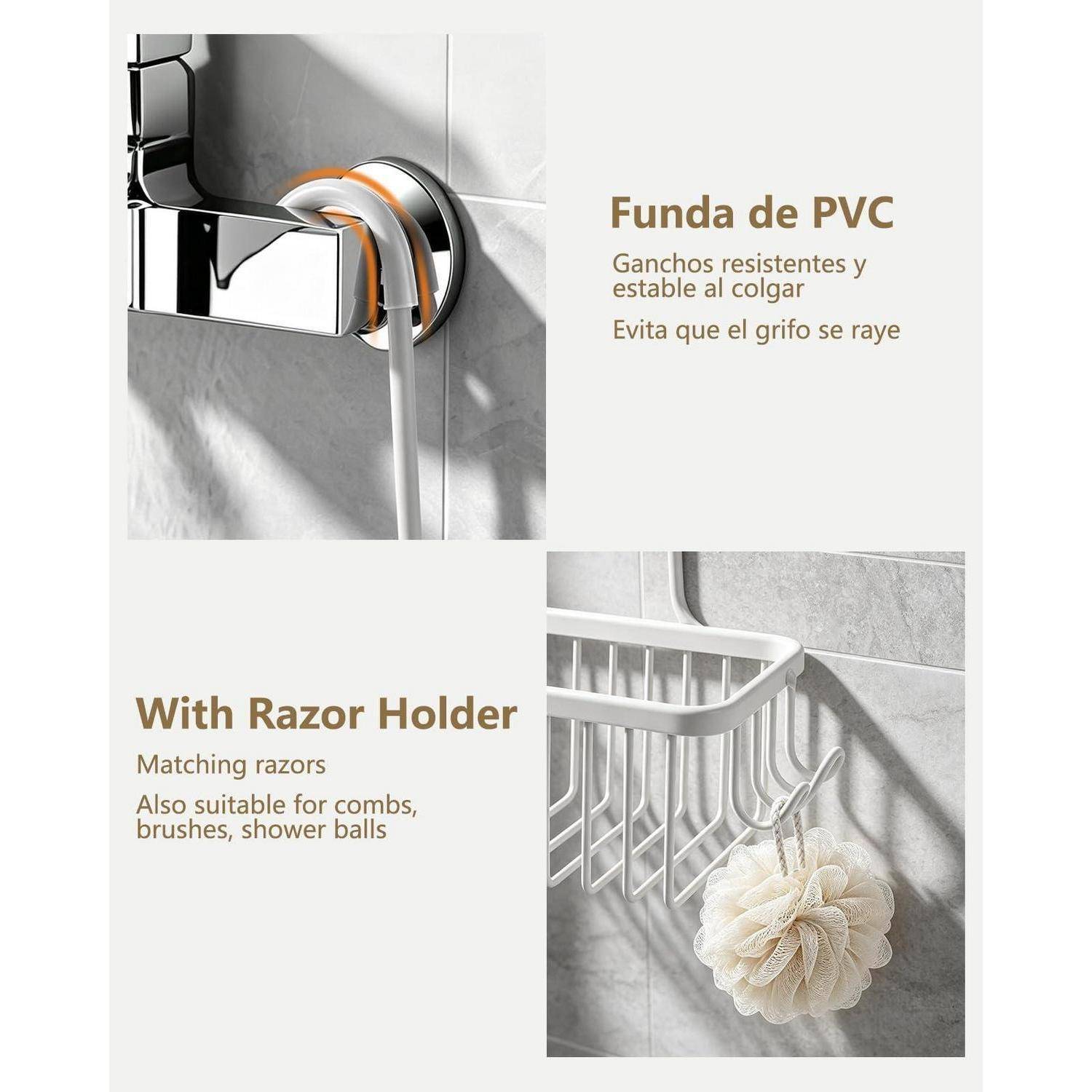 Werbebild, das einen PVC-Halter zum Aufhängen von Rasierapparaten und Badaccessoires zeigt, mit Text in Spanisch und Englisch, der stabile, rostfreie Verwendung und Kratzerhutz hervorhebt.