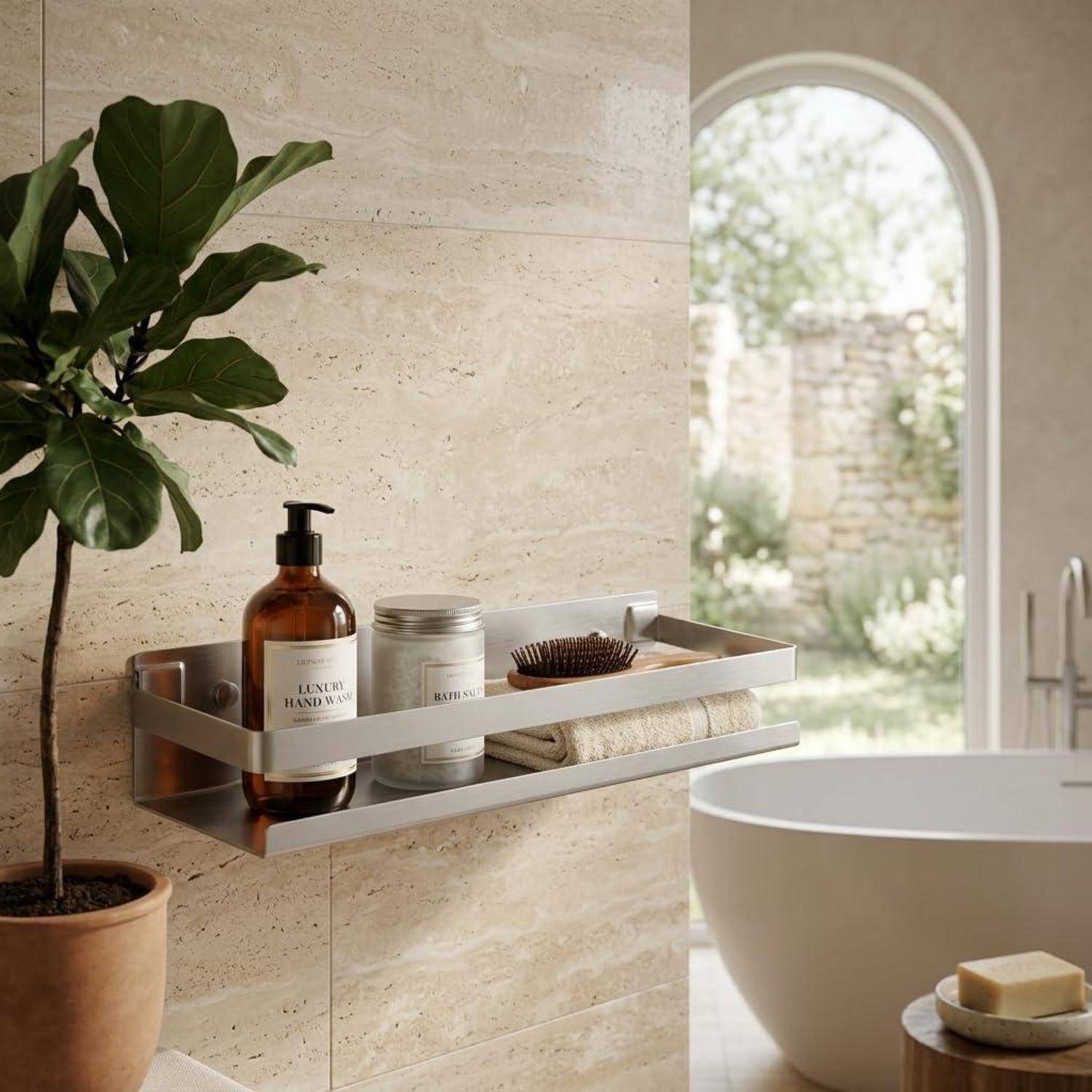 Minimalistisches Badezimmer mit an der Wand montiertem Regal, auf dem Handseife, Lotion, Handtücher und Bürste stehen, neben einer freistehenden Badewanne und einem Rundbogenfenster.