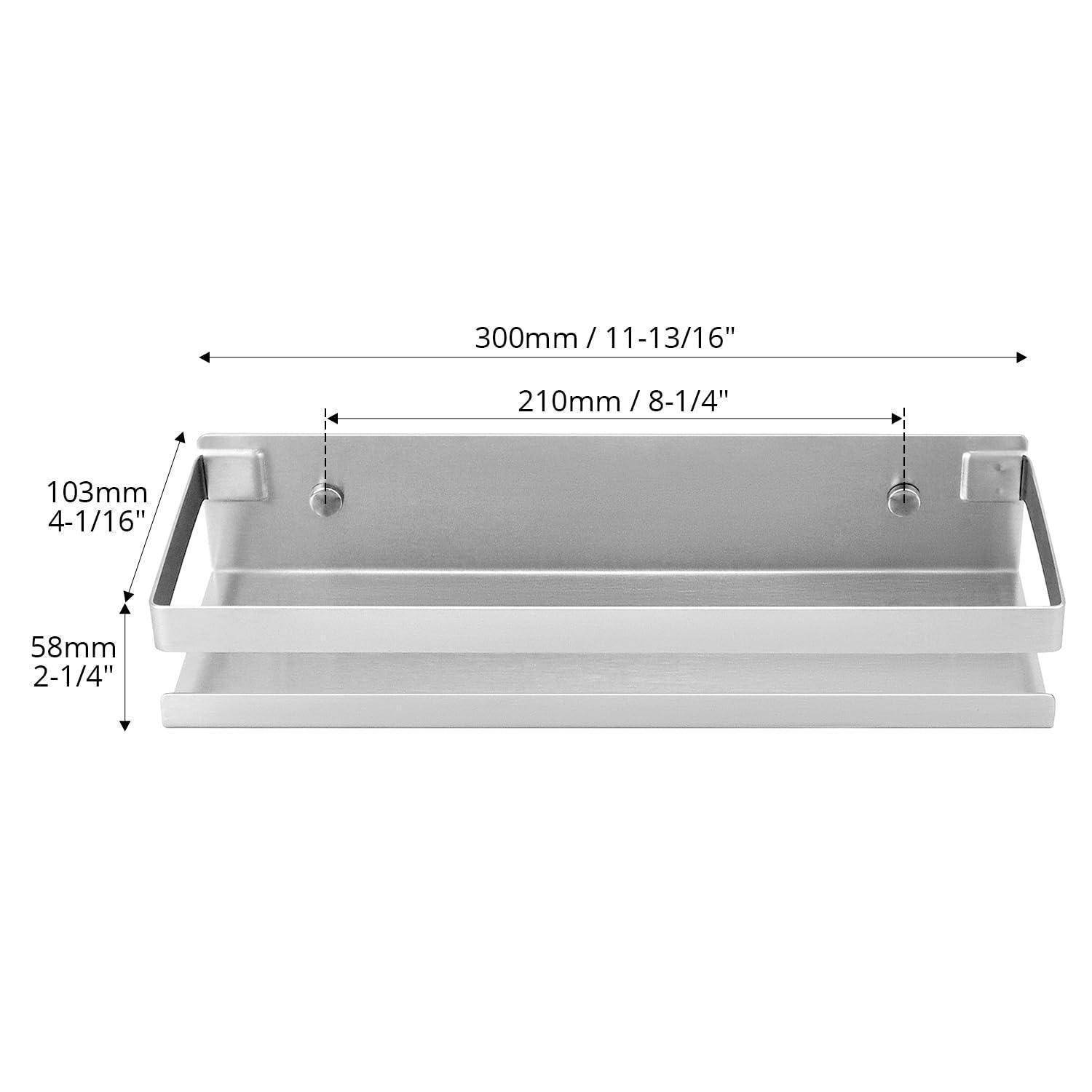 Silbernes, wandmontiertes Metallregal mit Abmessungen: 300 mm breit, 103 mm hoch, 58 mm tief und 210 mm Lochabstand für die Montage.