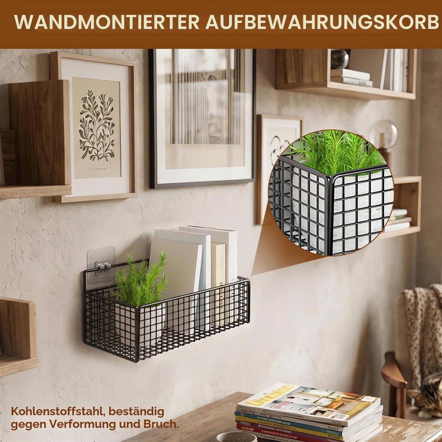 2x Hängekorb Wand ohne Bohren, selbstklebend, Stahl, Schwarz