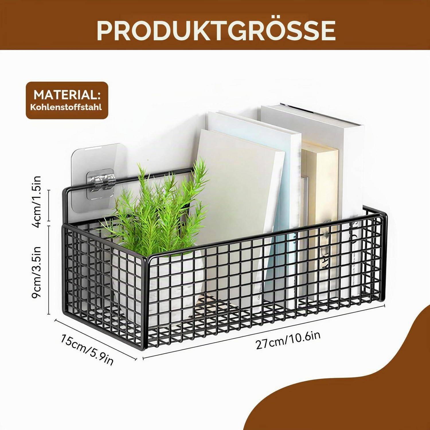 Produktgrößendiagramm eines schwarzen Kohlenstoffstahl-Wandkorbs mit den Abmessungen 27 cm Länge, 15 cm Tiefe und 9 cm Höhe, mit 4 cm Wandabstand.