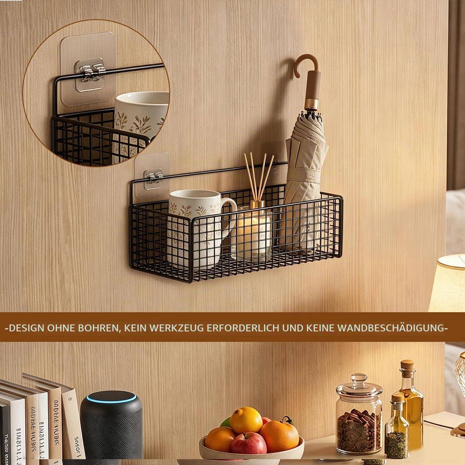 2x Hängekorb Wand ohne Bohren, selbstklebend, Stahl, Schwarz
