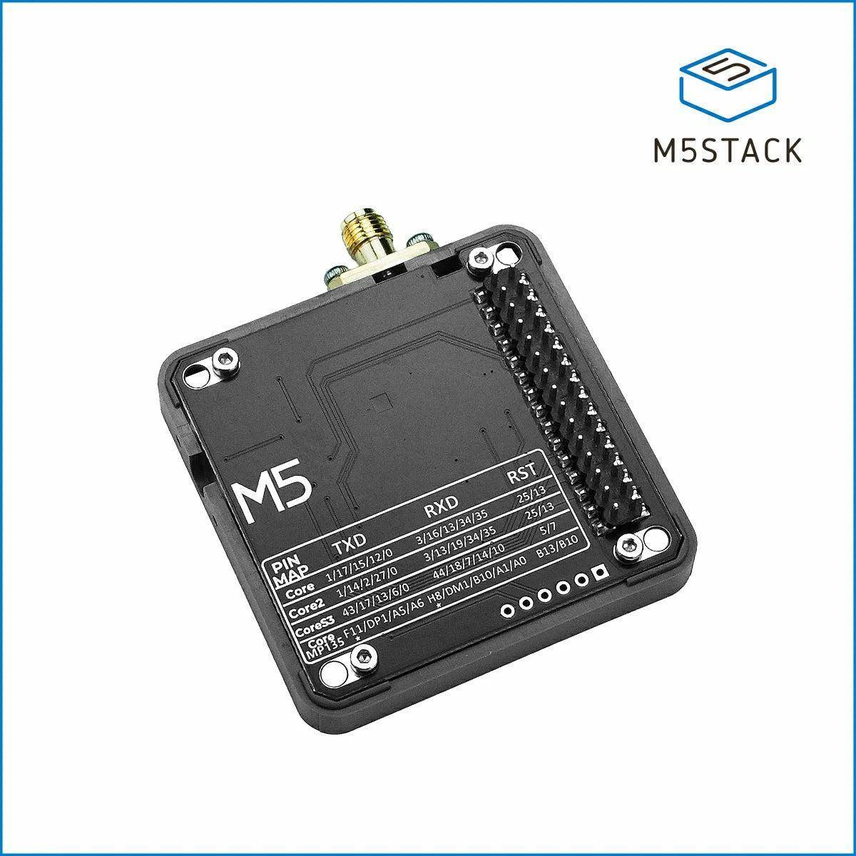 M5Stack M5 Mikrocontroller-Modul mit Stiftleiste und gedruckter Pinbelegung, auf weißem Hintergrund mit M5Stack-Logo dargestellt.