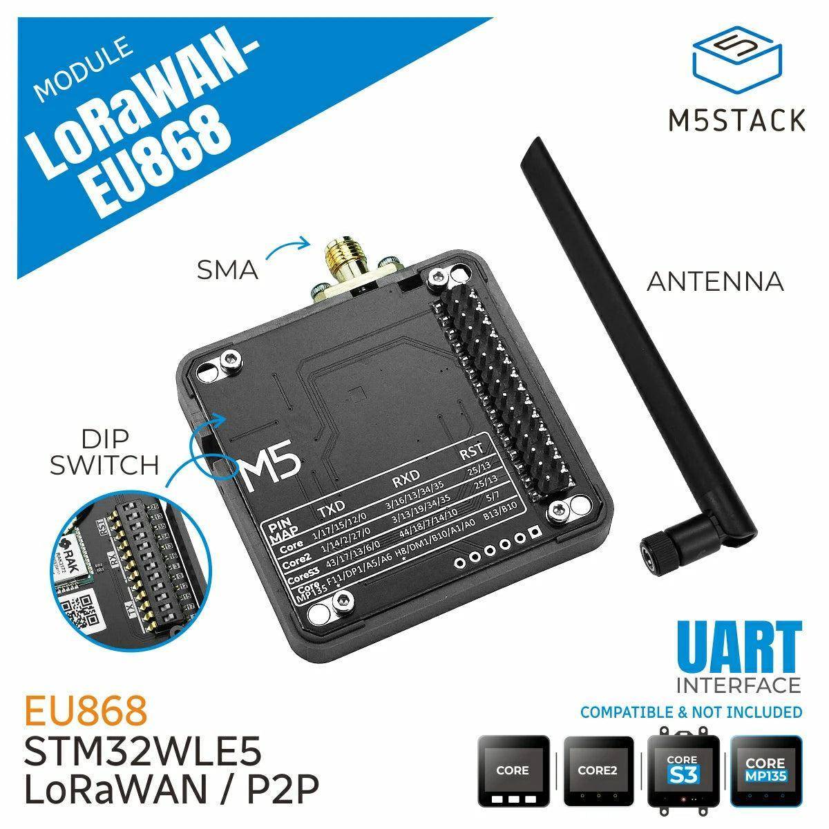 M5Stack LoRaWAN EU868-Modul mit Antenne, gekennzeichneter DIP-Schalter und UART-Schnittstelle, für STM32WLE5 LoRaWAN/P2P-Kommunikation.