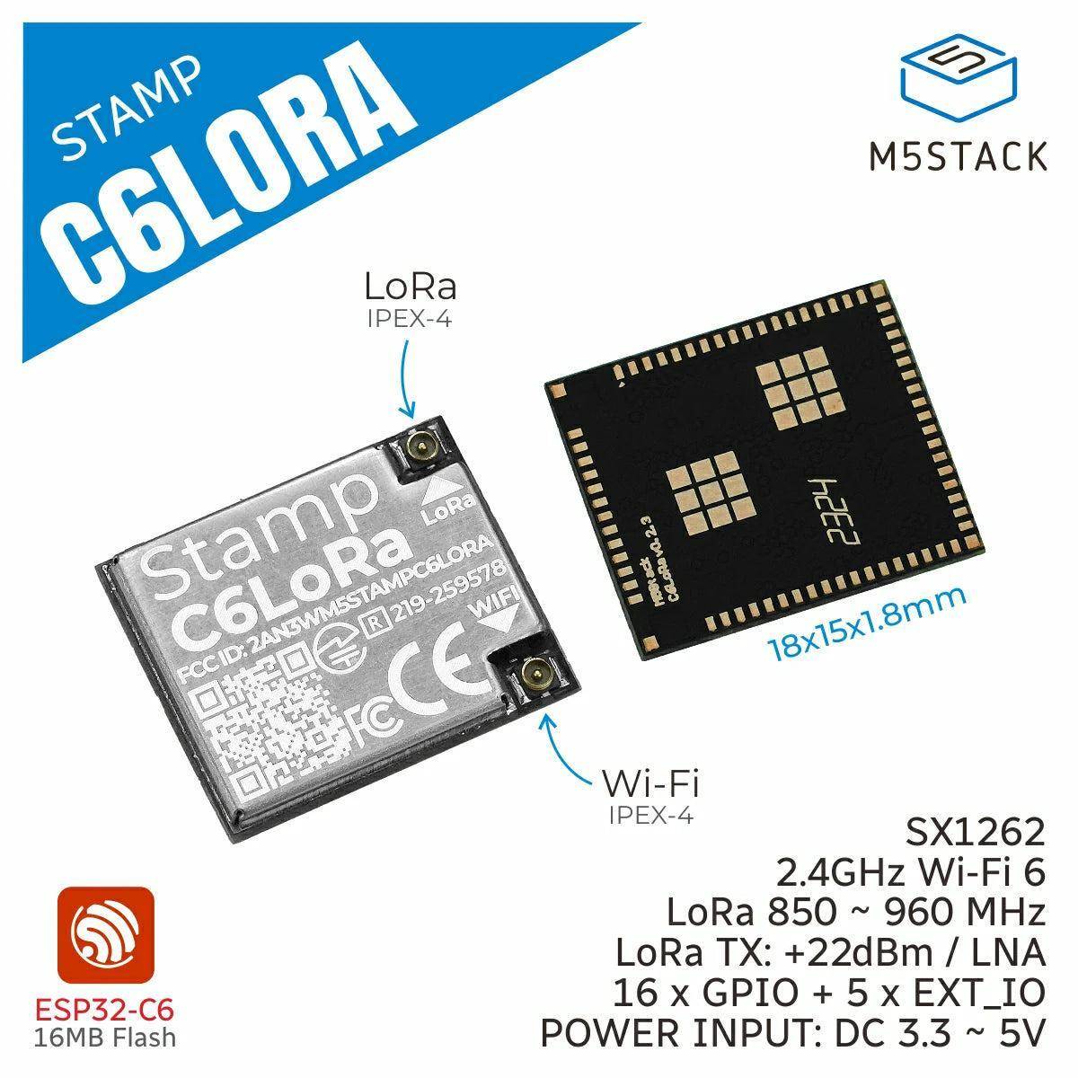 Produktgrafik des M5Stack Stamp C6LORA-Moduls, das eine kompakte auf dem ESP32-C6 basierende Platine mit LoRa- und Wi-Fi-Antennenanschlüssen zeigt und folgende Spezifikationen hat: SX1262, 2,4-GHz-Wi-Fi 6, LoRa 850–960 MHz, 16 GPIO.