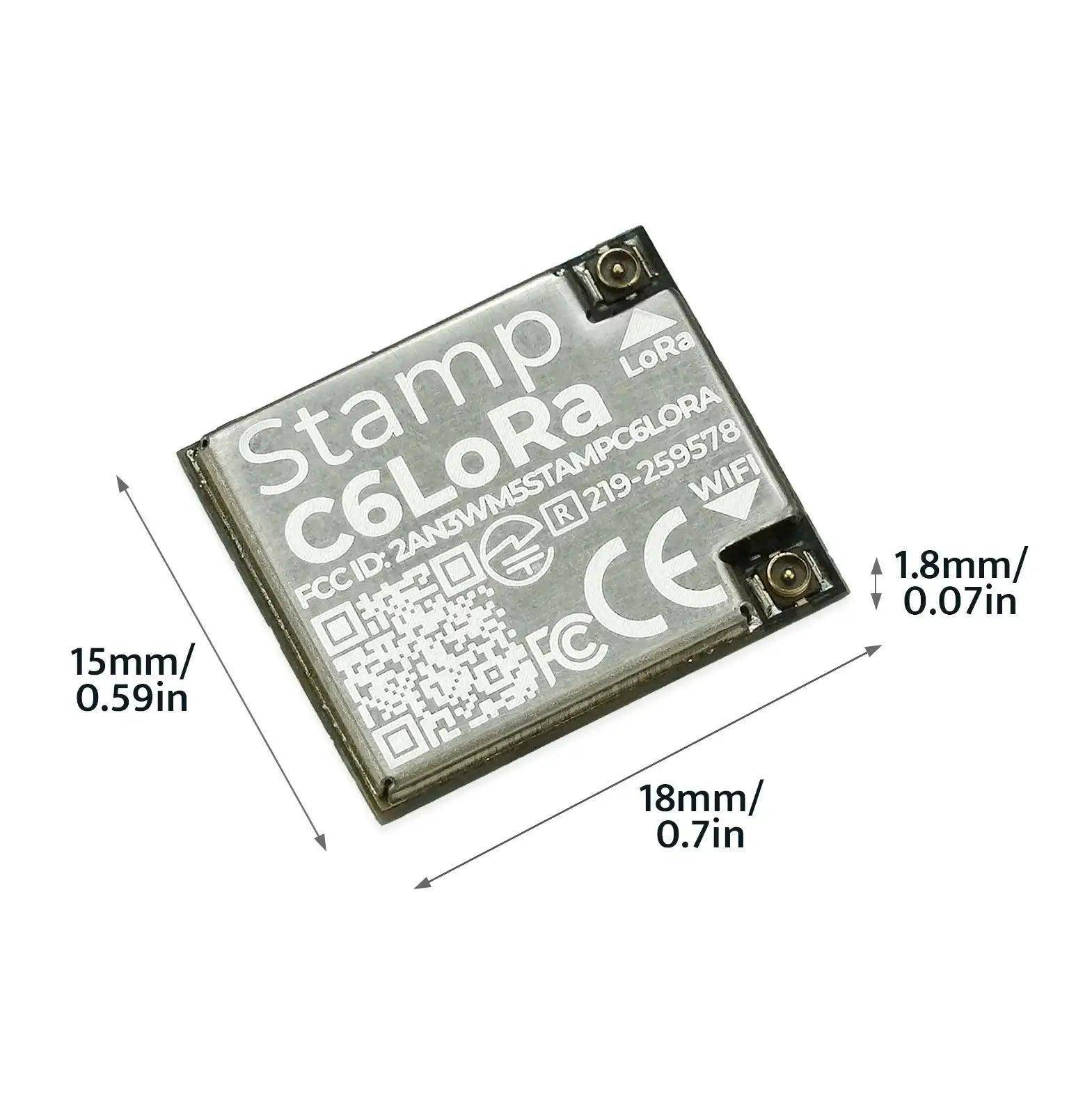 Stamp C3 Farb-LoRa-Modul mit Abmessungen: 18 mm x 15 mm, 1,8 mm dick.