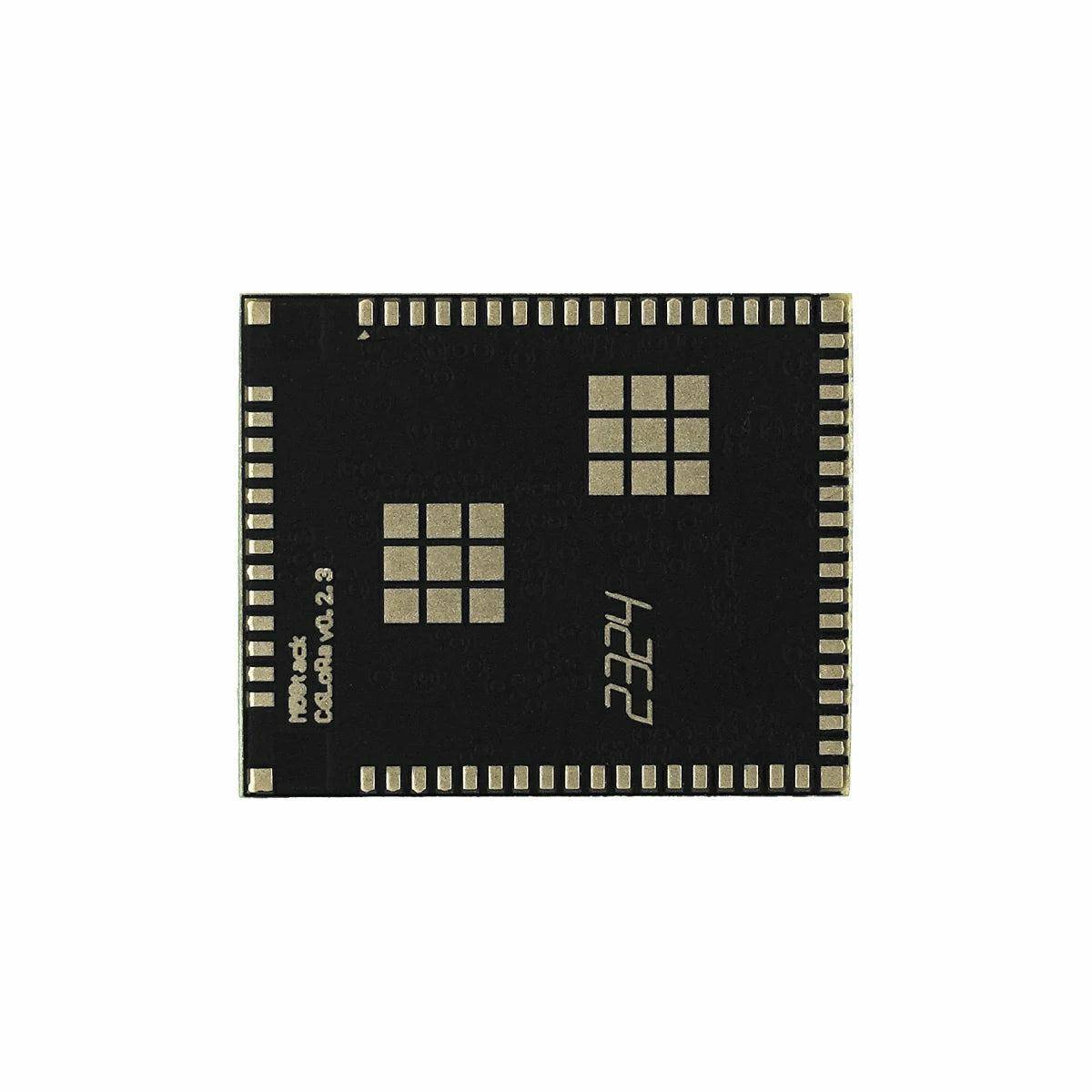 Schwarzes Mikrochip-Gehäuse mit der Bezeichnung "ESP32"" auf weißem Hintergrund, gezeigt mit goldfarbenen Kontakten und kleinen aufgedruckten Markierungen.