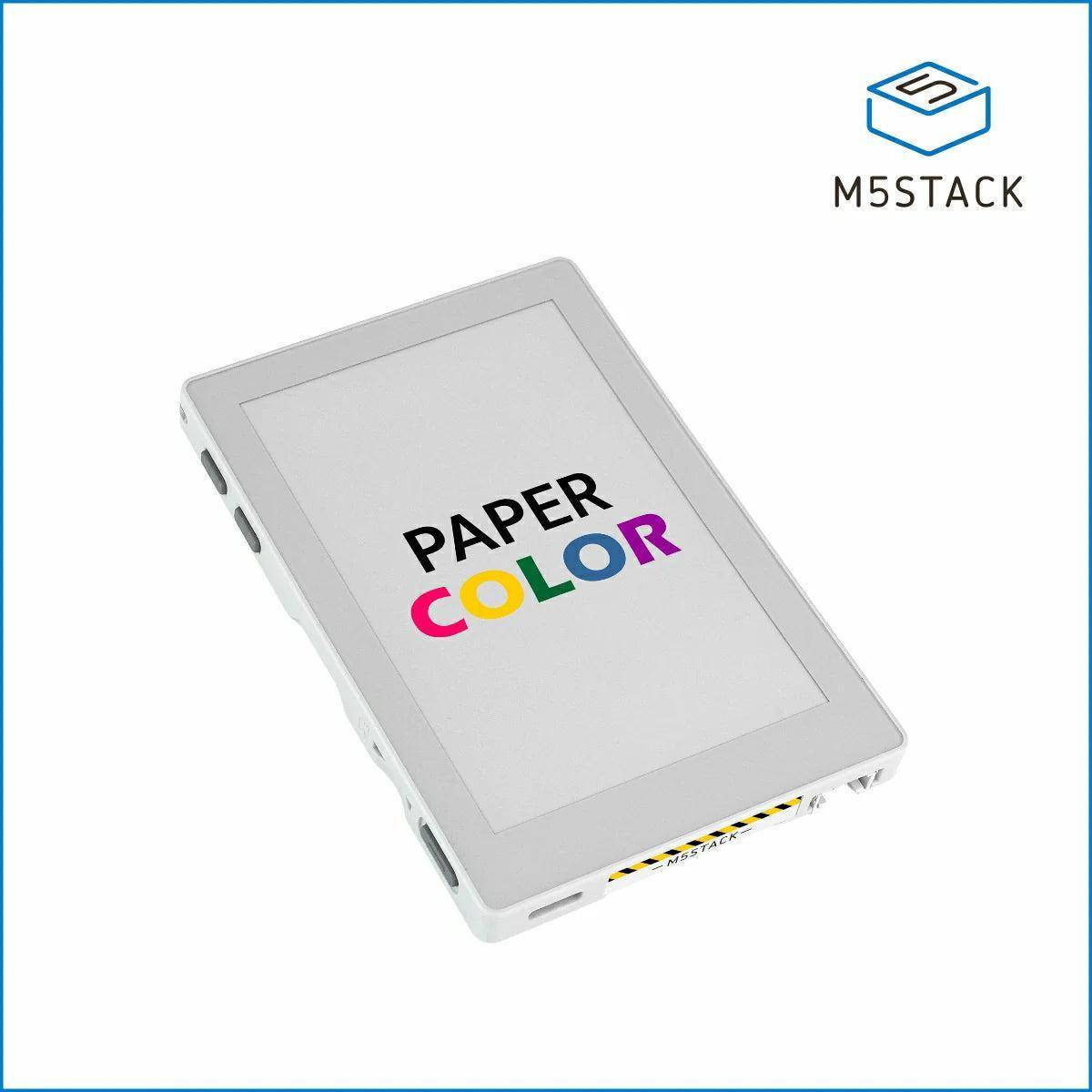 M5Stack Paper Color e-paper-Anzeigemoddul in geneigter Produktansicht mit Logo und „PAPER COLOR