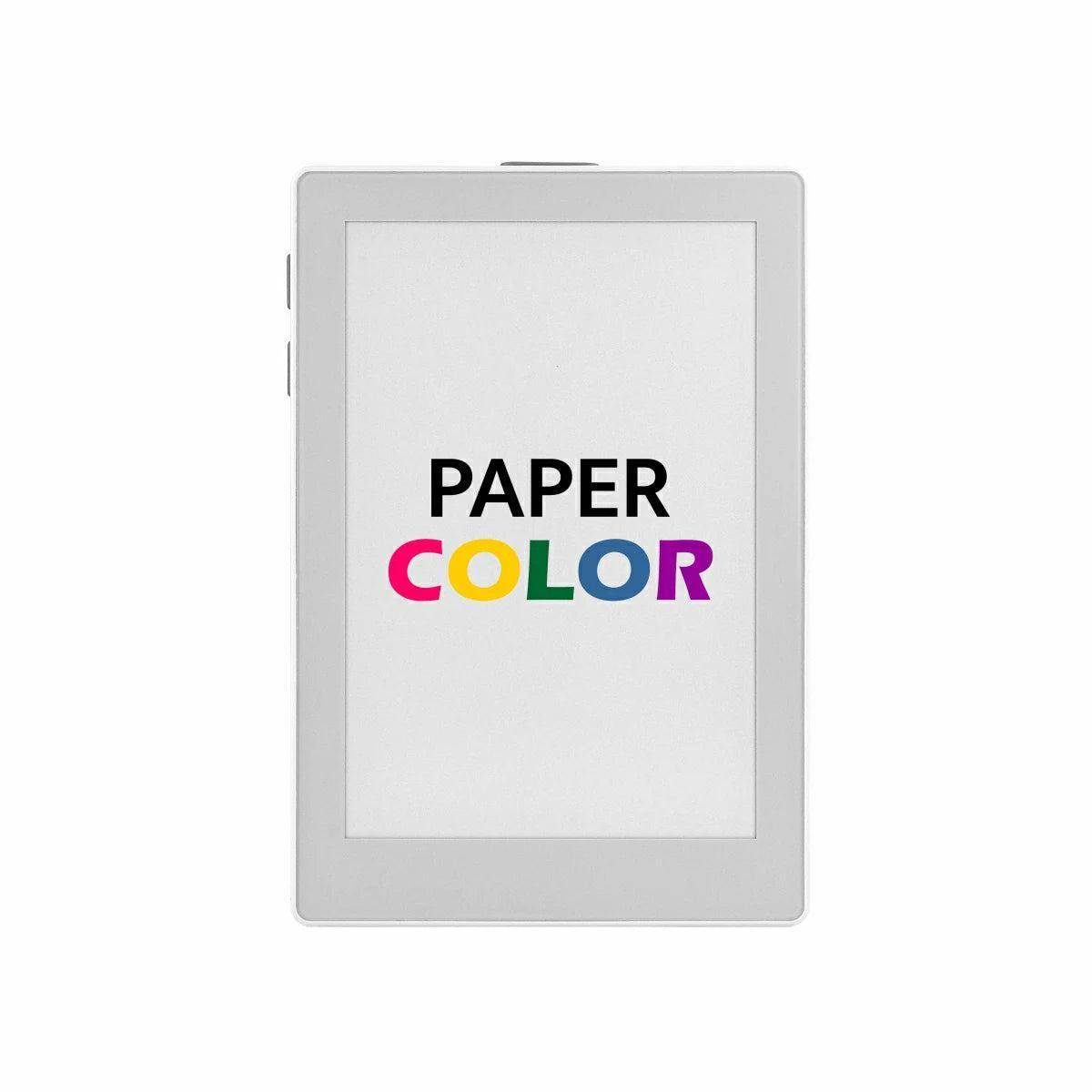 Ein E-Reader mit grauem Rahmen zeigt die Worte „PAPER COLOR" in schwarzer und mehrfarbiger Schrift auf einem weißen Bildschirm an.