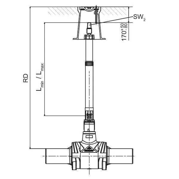 Technische Zeichnung einer vertikalen Ventilbaugruppe mit Aktuator, die Installationsabmessungen RD, Lmin/Lmax und SW2 mit einer Messung von 170+50/80 zeigt.