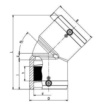 Technische Zeichnung eines 45°-Bogenstücks mit beschrifteten Abmessungen L, B, D, d, h und z, die eine Schnittansicht und Drehpunkte zeigen.