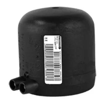 Schwarzer zylindrischer mechanischer Tank mit Barcode-Etikett und zwei seitlichen Rohrflanschen, abgebildet auf weißem Hintergrund.